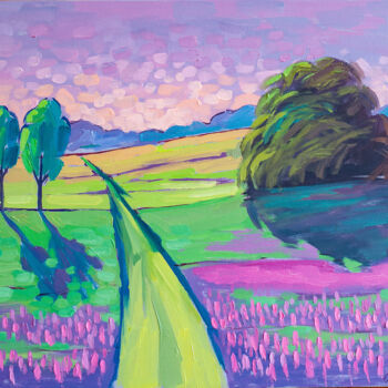 Painting titled "Field with lupins" by Galina Gataullina, Original Artwork, Oil Mounted on Wood Stretcher frame