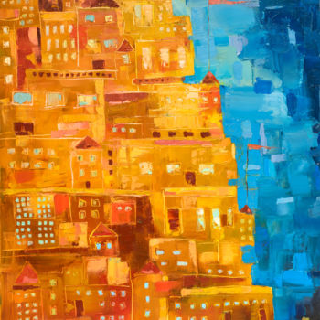 Painting titled "City in the Mountain" by Mihail Ivanov, Original Artwork, Oil Mounted on Wood Panel