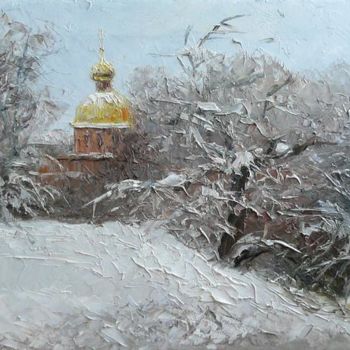 Schilderij getiteld "Church in snow" door Roman Koshelev, Origineel Kunstwerk, Olie