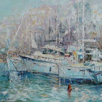 Pintura intitulada "Белые яхты.Черногор…" por Roman Koshelev, Obras de arte originais, Óleo