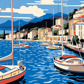 제목이 "Yachts in the bay"인 미술작품 Kosta Morr로, 원작, 아크릴 나무 들것 프레임에 장착됨