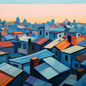 Painting titled "Roofs" by Kosta Morr, Original Artwork, Acrylic Mounted on Wood Stretcher frame
