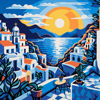 Painting titled "Santorini at sunset" by Kosta Morr, Original Artwork, Acrylic Mounted on Wood Stretcher frame