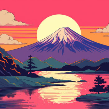 Картина под названием "Fuji at sunset" - Kosta Morr, Подлинное произведение искусства, Акрил Установлен на Деревянная рама д…