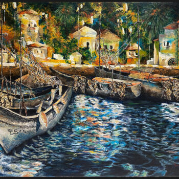 Painting titled "Fish village in And…" by Kostadin Hristov, Original Artwork, Oil