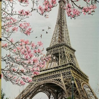 Картина под названием "Эйфелева башня" - Анастасия Абрамец, Подлинное произведение искусства, Масло Установлен на Деревянная…