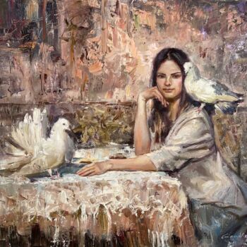 Painting titled "Девушка с голубьями" by Kostiantyn Hudaiev, Original Artwork, Oil