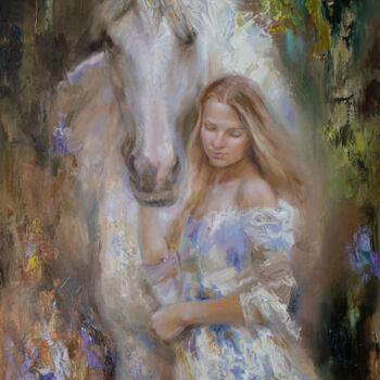 绘画 标题为“Девушка с белым кон…” 由Kostiantyn Hudaiev, 原创艺术品, 油