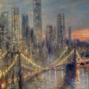 Картина под названием "Вечерний мост в огн…" - Kostiantyn Hudaiev, Подлинное произведение искусства, Масло