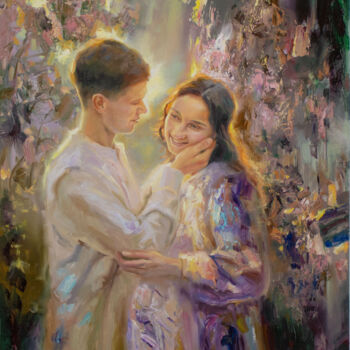 Картина под названием "Влюбленные в свете" - Kostiantyn Hudaiev, Подлинное произведение искусства, Масло