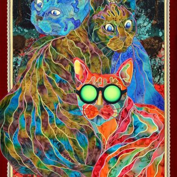 Textielkunst getiteld "Cats" door Kostyantin Malginov, Origineel Kunstwerk, Tapijtwerk Gemonteerd op Houten paneel