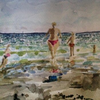 Painting titled "Jeux sur la plage" by Kote Mensah, Original Artwork, Watercolor
