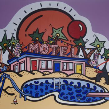 Schilderij getiteld "Le Motel" door Kotsuno, Origineel Kunstwerk, Acryl Gemonteerd op Frame voor houten brancard