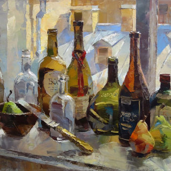 Painting titled "Бутылки на окне" by Dmitrii Kotunov, Original Artwork, Oil Mounted on Wood Stretcher frame