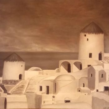 Картина под названием "Santorini in winter" - Maria Koutsoumpou, Подлинное произведение искусства, Масло
