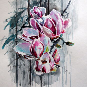 Painting titled "Magnolia" by Anna Brigitta Kovacs (KAB), Original Artwork, Watercolor