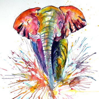 Painting titled "Elephant in colours" by Anna Brigitta Kovacs (KAB), Original Artwork, Watercolor