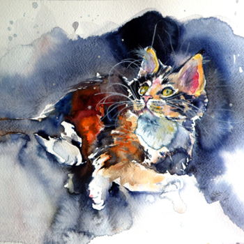 Painting titled "Cat resting" by Anna Brigitta Kovacs (KAB), Original Artwork, Watercolor