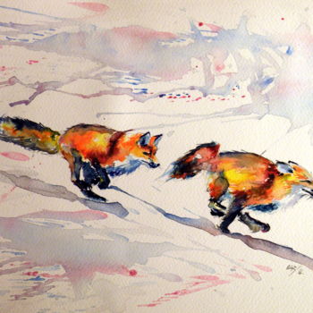 Painting titled "Playing red foxes" by Anna Brigitta Kovacs (KAB), Original Artwork, Watercolor