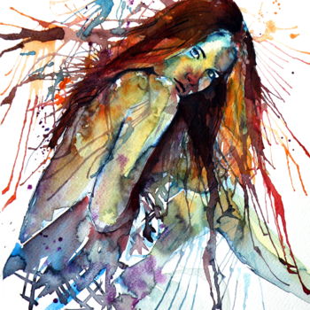 Schilderij getiteld "Waiting" door Anna Brigitta Kovacs (KAB), Origineel Kunstwerk, Aquarel