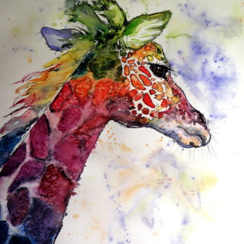 Ζωγραφική με τίτλο "Funny giraffe" από Anna Brigitta Kovacs (KAB), Αυθεντικά έργα τέχνης, Ακουαρέλα