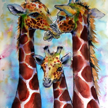 Schilderij getiteld "Giraffe family" door Anna Brigitta Kovacs (KAB), Origineel Kunstwerk, Aquarel