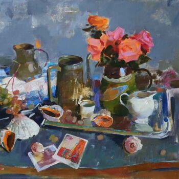 Painting titled "still life with ros…" by Serhii Kovalenko, Original Artwork, Oil