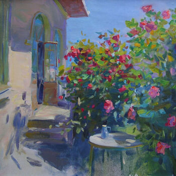 Pittura intitolato "roses in the garden" da Serhii Kovalenko, Opera d'arte originale, Olio