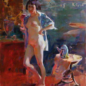 Painting titled "Morning coffee" by Serhii Kovalenko, Original Artwork, Oil Mounted on Wood Stretcher frame