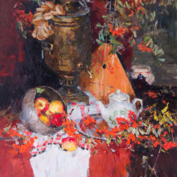 Картина под названием "Натюрморт с самовар…" - Владимир Ковалев, Подлинное произведение искусства, Масло