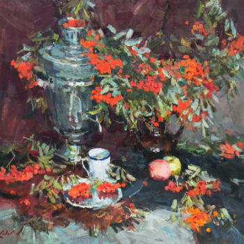 Painting titled "Натюрморт с рябиной…" by Vladimir Kovalev, Original Artwork, Oil