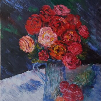 Painting titled "Des roses le soir" by Kozar, Original Artwork, Oil Mounted on Wood Stretcher frame