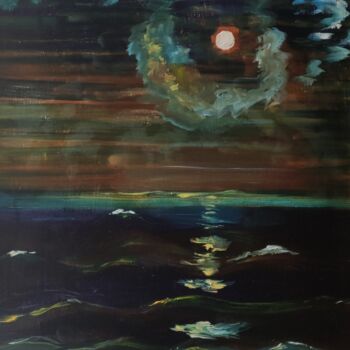 Painting titled "Море. Лунная ночь" by Kozar, Original Artwork, Oil Mounted on Wood Stretcher frame