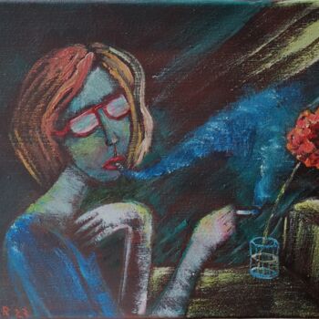 Painting titled "Femme qui fume" by Kozar, Original Artwork, Oil Mounted on Wood Stretcher frame