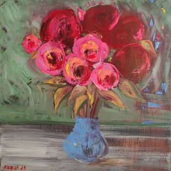 Painting titled "Roses dans un vase…" by Kozar, Original Artwork, Oil Mounted on Wood Stretcher frame