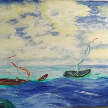 Schilderij getiteld "Mer Sea" door Kozar, Origineel Kunstwerk, Olie Gemonteerd op Frame voor houten brancard