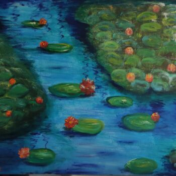 Painting titled "Nénuphars waterlili…" by Kozar, Original Artwork, Oil Mounted on Wood Stretcher frame