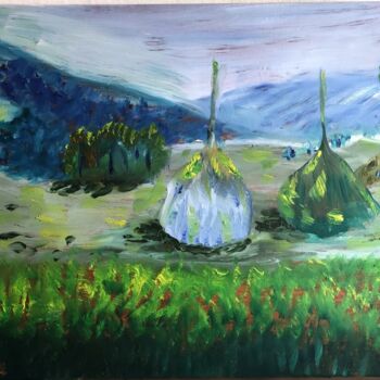 Pintura intitulada "hay foin en montagne" por Kozar, Obras de arte originais, Óleo Montado em Armação em madeira