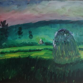 Painting titled "foin hay au coucher…" by Kozar, Original Artwork, Oil Mounted on Wood Stretcher frame