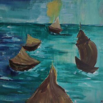 Schilderij getiteld "sea, mer, ships oil…" door Kozar, Origineel Kunstwerk, Olie Gemonteerd op Frame voor houten brancard