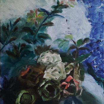 Painting titled "Winter roses Roses…" by Kozar, Original Artwork, Oil Mounted on Wood Stretcher frame