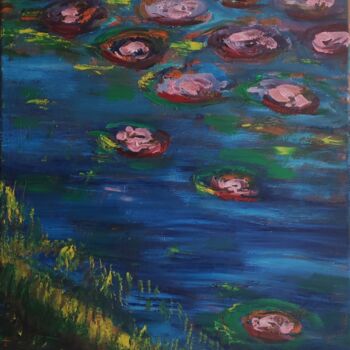 Painting titled "Waterlilies nenupha…" by Kozar, Original Artwork, Oil Mounted on Wood Stretcher frame