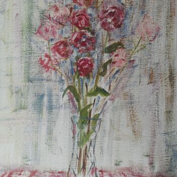 Painting titled "Roses dans un vase…" by Kozar, Original Artwork, Oil Mounted on Wood Stretcher frame