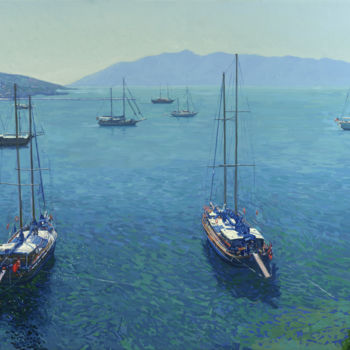 Painting titled "The Yachts" by Simon Kozhin, Original Artwork, Oil Mounted on Wood Stretcher frame