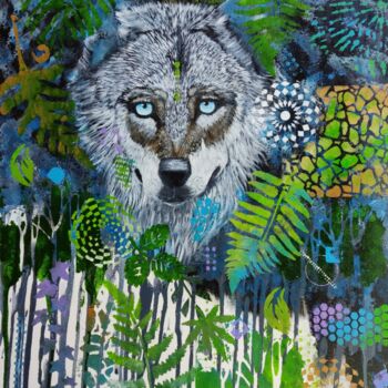 Painting titled "Loup" by Kpbc, Original Artwork, Acrylic Mounted on Wood Stretcher frame
