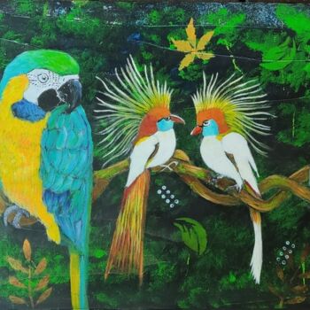 Schilderij getiteld "Birds" door Kpbc, Origineel Kunstwerk, Acryl Gemonteerd op Frame voor houten brancard