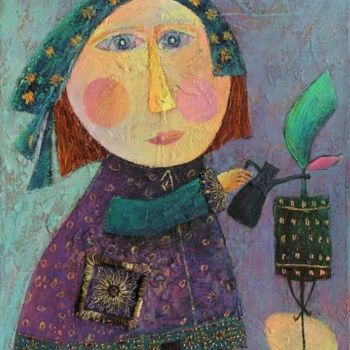 Картина под названием "Podlewanie kwiatka" - Olga Kost, Подлинное произведение искусства