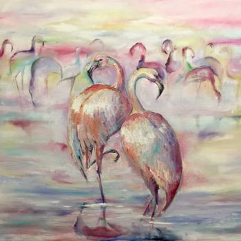 Painting titled "Flamingos" by Julia Krasnova, Original Artwork, Oil