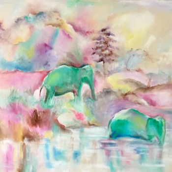 Peinture intitulée "Green elephants" par Julia Krasnova, Œuvre d'art originale, Huile