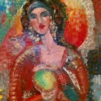 Painting titled "Girl with apple" by Julia Krasnova, Original Artwork, Oil